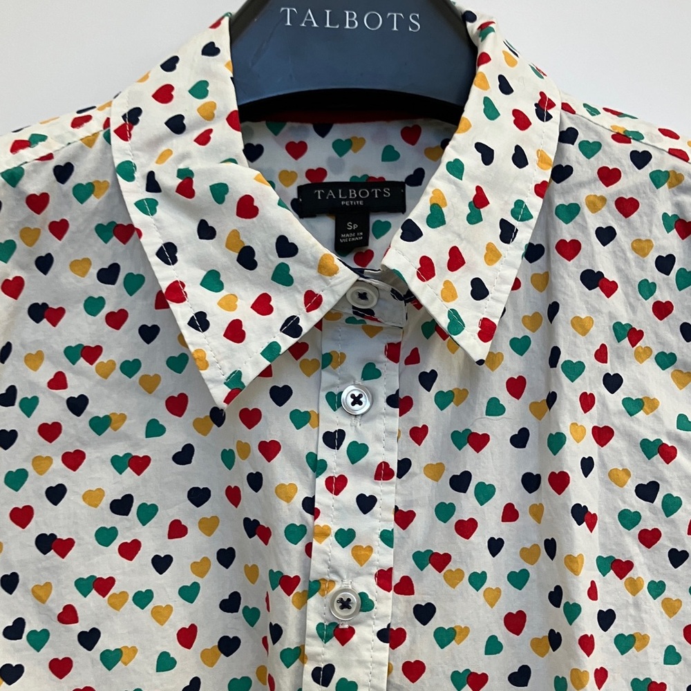 Talbots Multicolor Heart Pattern Cotton Button Down Top